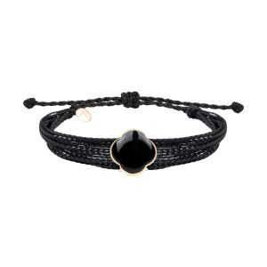 Anyoli bijuteria care alină dorul Bratara ajustabila cu pandantiv cruce, aur galben 9 K, piatra Onix, fir matase neagra cerat